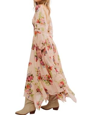Free People 100% Cotton Tea Morning Pink Floral Smocked Maxi Dress